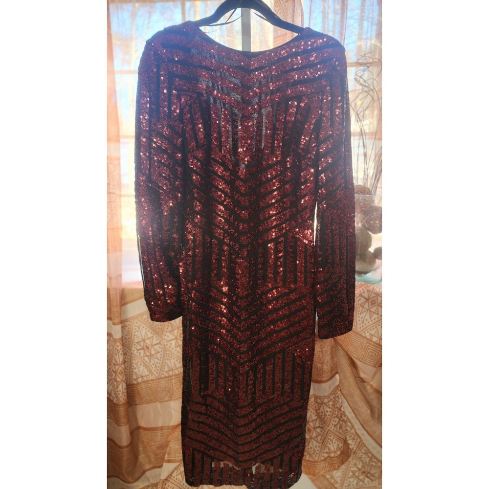Dress The Population XL Burgundy Black Sequin Mesh Bodycon Midi Dress Long Slee… - Picture 5 of 8